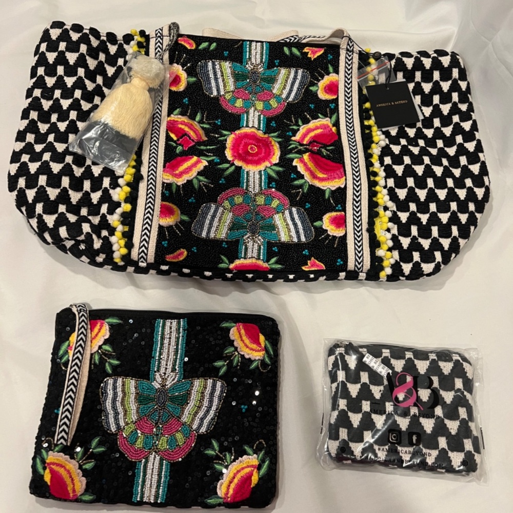 America & Beyond 4 PC SET Tote, Cosmetic Bags (Medium,Small), Beaded Strap *NWT*